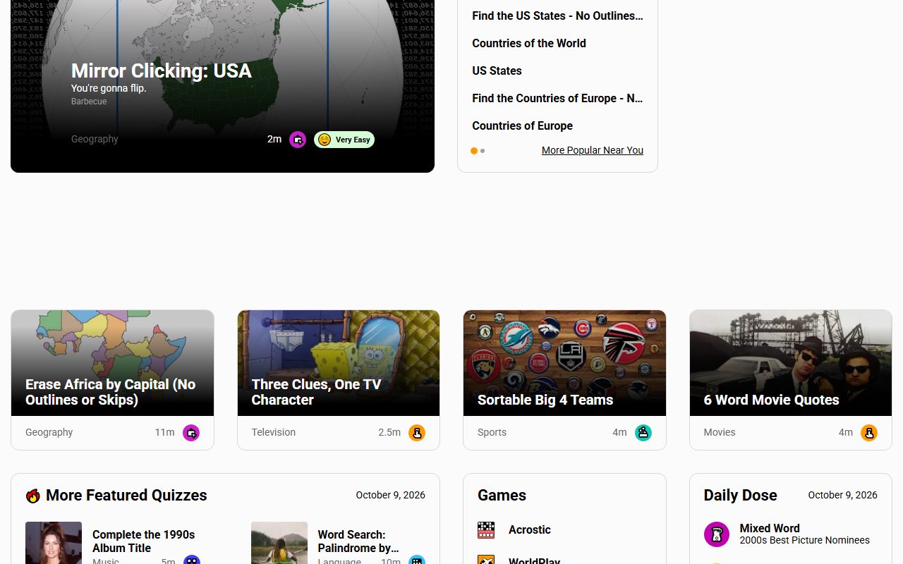 Sporcle screenshot: Browsing categories