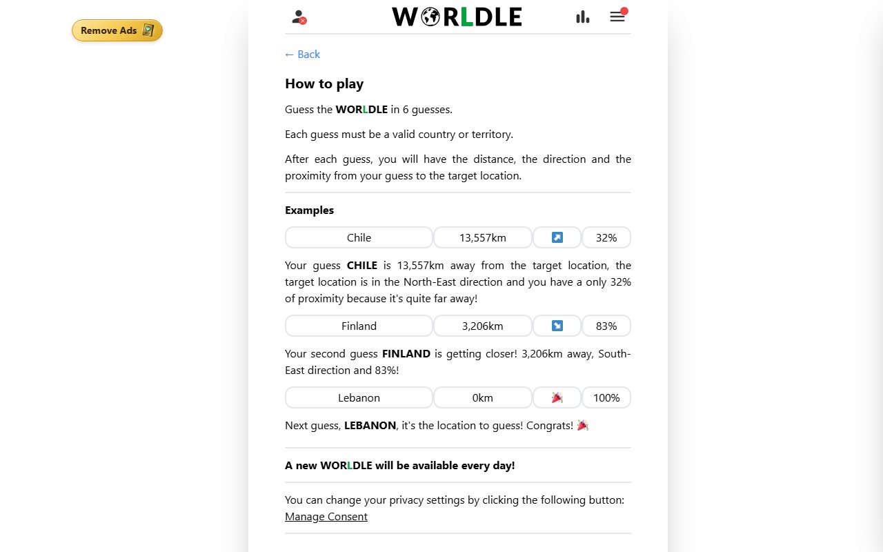 Worldle screenshot: How to play